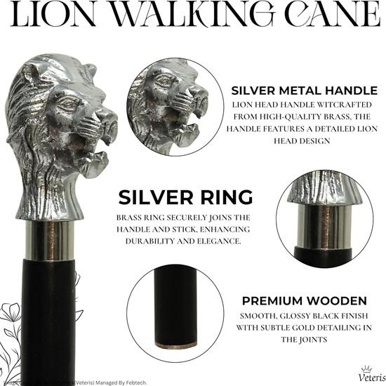Silver Lion Head Walking Cane – Handmade Brass Handle, Gentleman's Stick