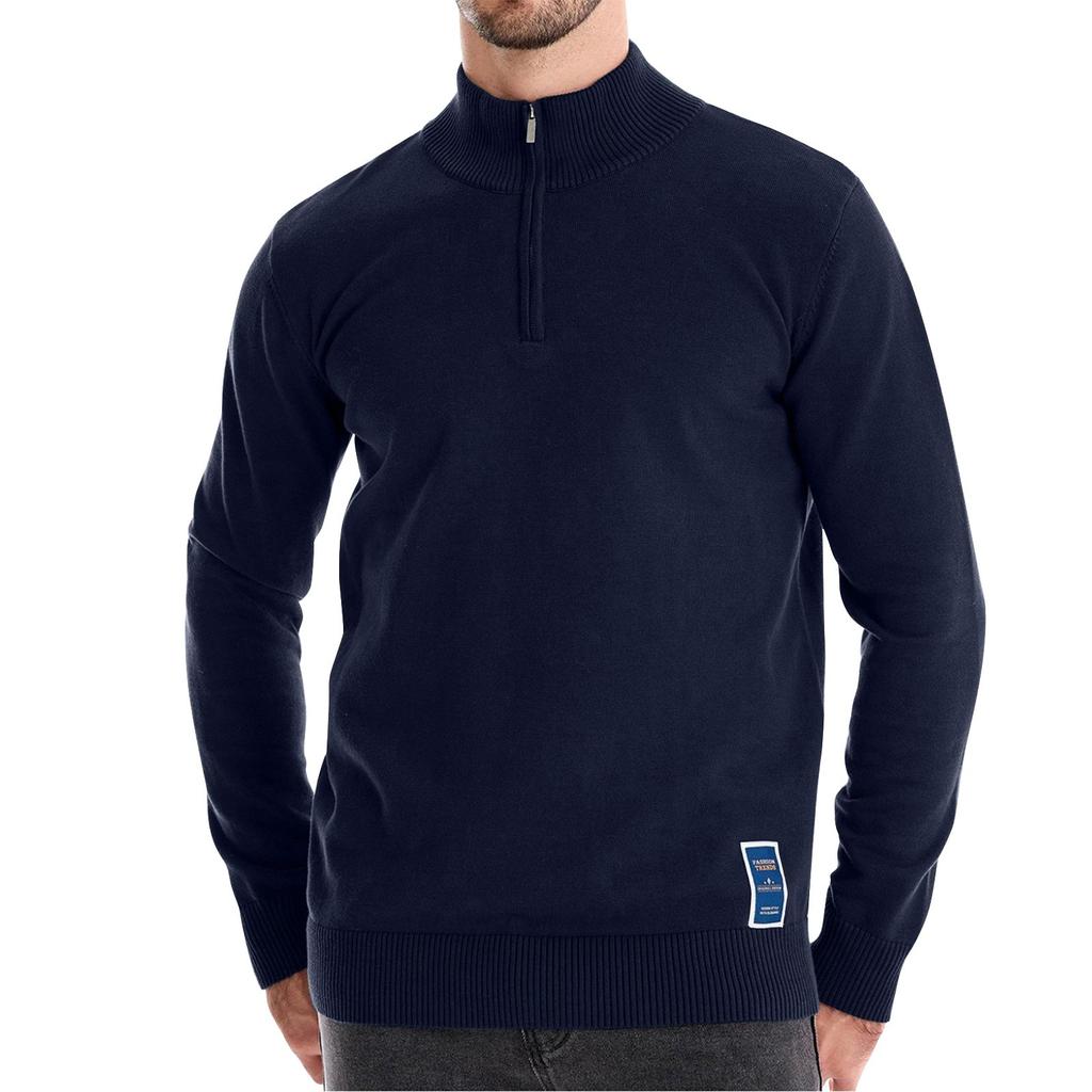Men's Winter Solid Color Stand Collar Half Zipper Slim Fit Knit Long Sleeve Top