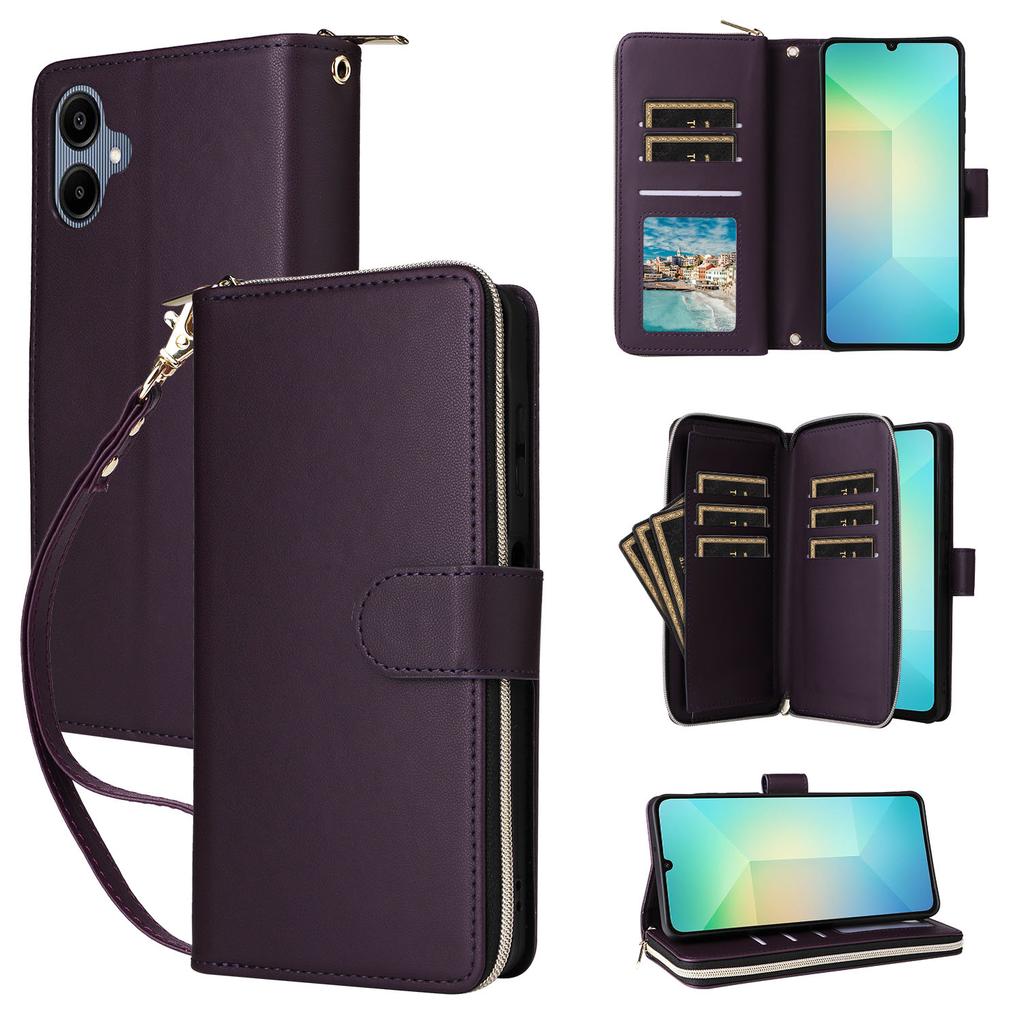 R20 For Samsung Galaxy A06 4G Case Zipper Pocket PU Leather Cover with 9 Card Slots