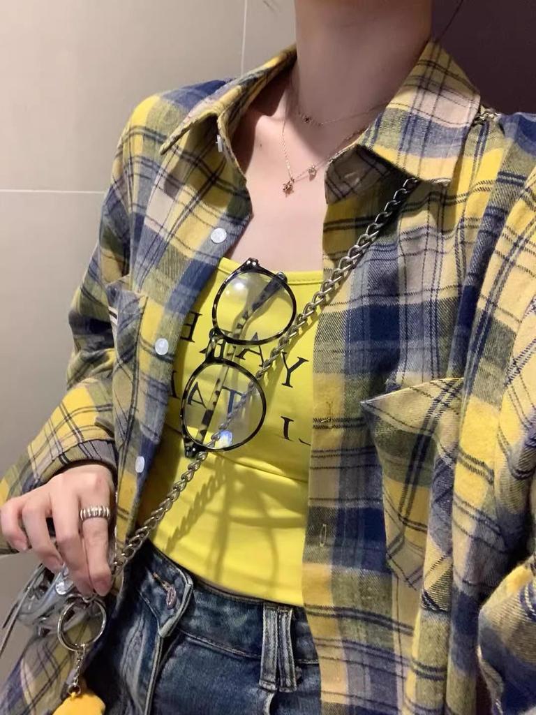 2024 Autumn Women's Versatile Egg Yellow Checkered Patchwork Long Sleeve Jacket