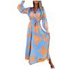 Women's Casual Fashion V Neck Long Sleeve Printed Pleated Dress Sundress