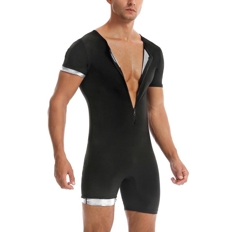 Heren Sauna Zweet Bodysuit, Rits Korte Mouw Volledige Lichaamsvormer Buikcontrole Trainingspak voor Sportschool Hardlopen