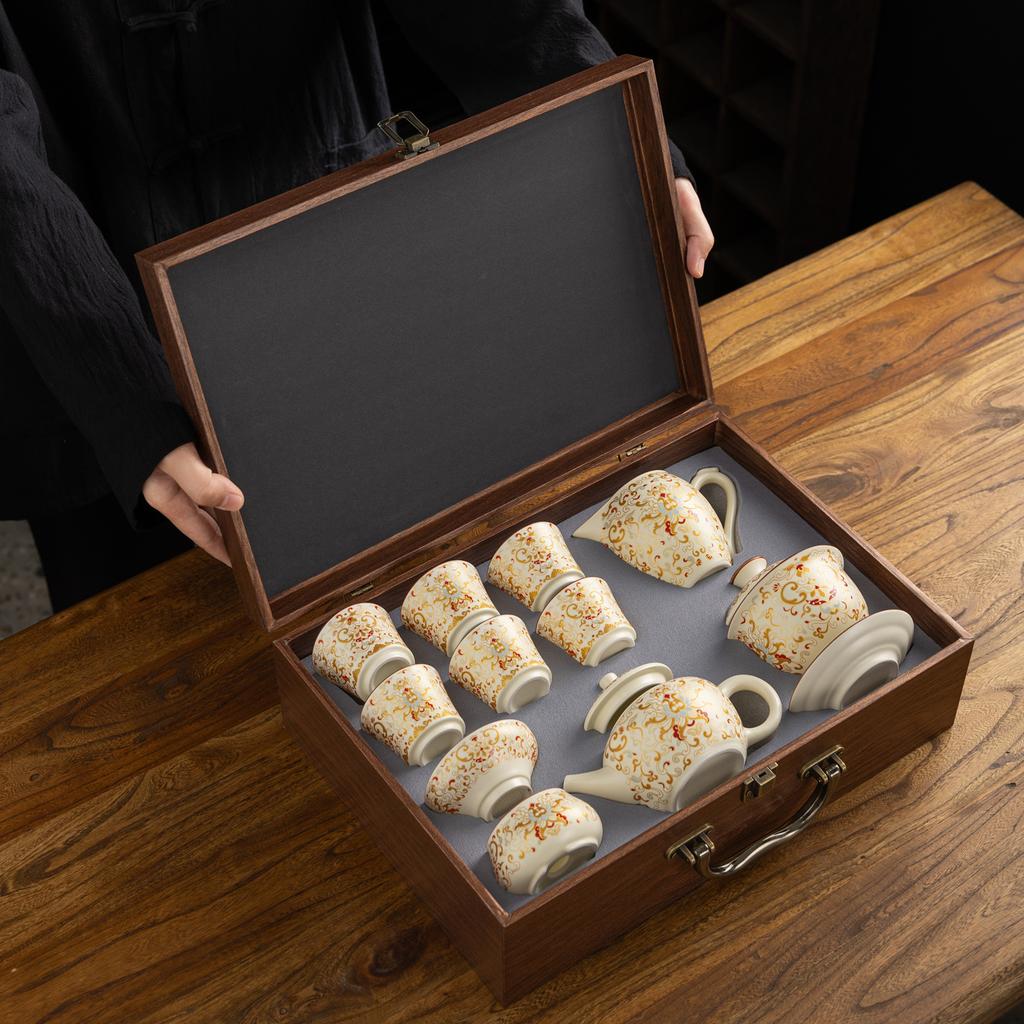 Dunhuang merchandise beige Ru kiln kung fu tea set, a complete set of gift boxes, light luxury, high-end home business gifts