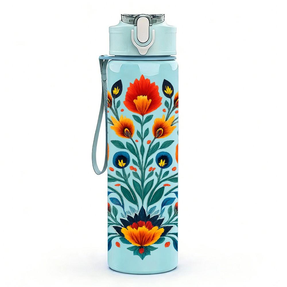 1PC Multi Color Folk Flower 750ml Color Plastic Sports Water Bottle Leakproof Flip Straw Lid Suitable for Sports Office Home Use