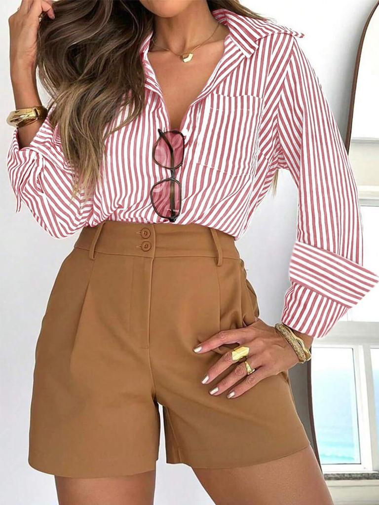 Women's Long Sleeve Striped Button-Down Shirt with Pockets