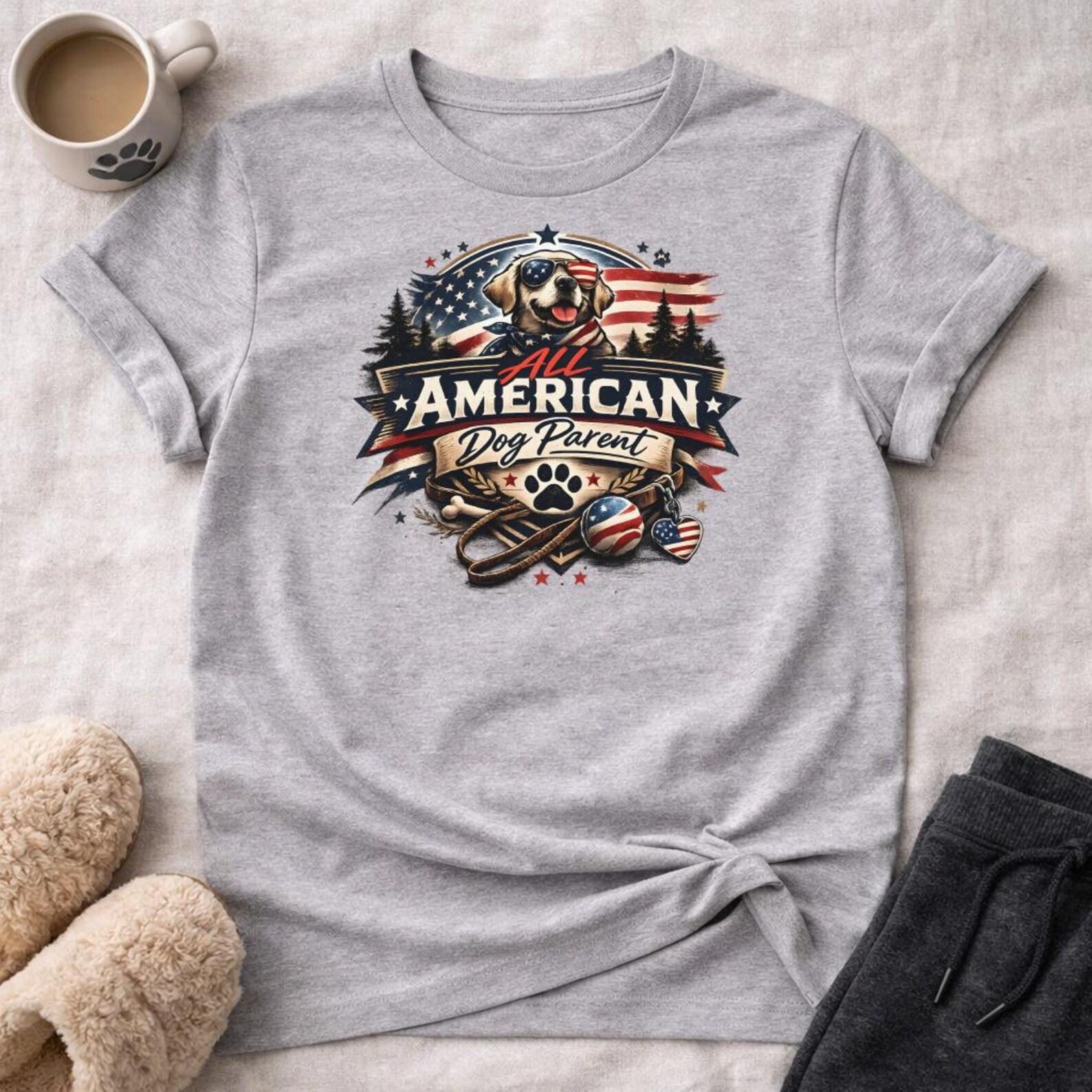 All American Dog Parent T-Shirt, Patriotic Golden Retriever with Sunglasses, USA Flag Canine Lover Tee, Fourth of July Pet Gift, Dog Mom Dad 2XL