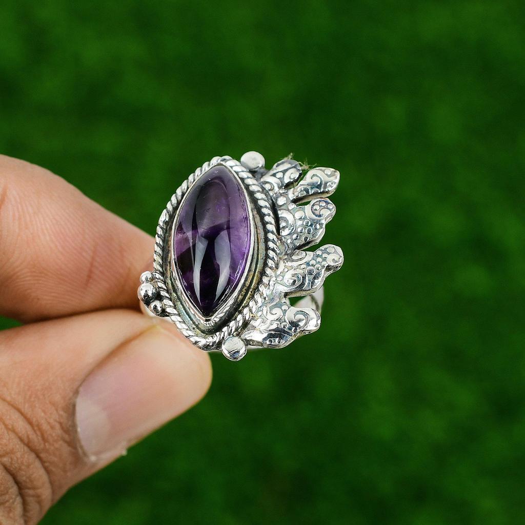 Natural Star Amethyst Gemstone Statement Purple Adjustable Ring 925 Silver