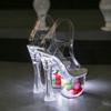 Women's Clear Crystal Flower LED Light Up Sandals, Luminous Party Dress Evening Shoes 18cm