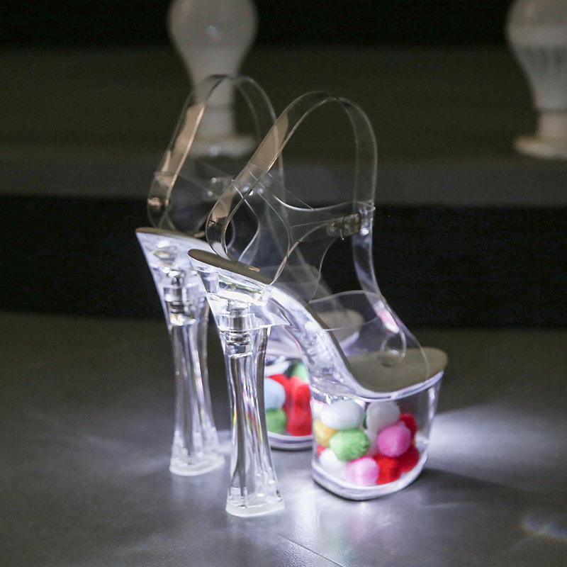 Women's Clear Crystal Flower LED Light Up Sandals, Luminous Party Dress Evening Shoes 18cm