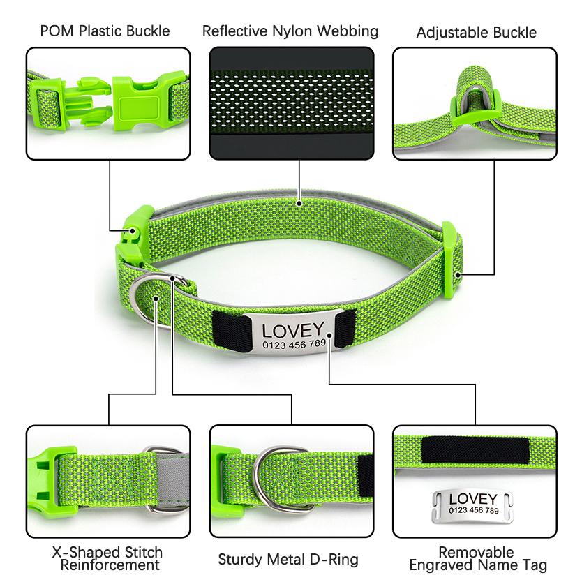 Custom Engraved Dog Collar Personalized Name ID Tag Adjustable Anti-lost Soft Padded Nylon Collar for Active Dogs Pet Necklace