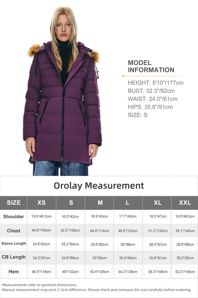 Orolay Down and Slim Fit with a Perfect for Outdoor and Commuting Size Women's Coat, Windproof, Warm, Long, Waistline, Activities, Hiking, Skiing,