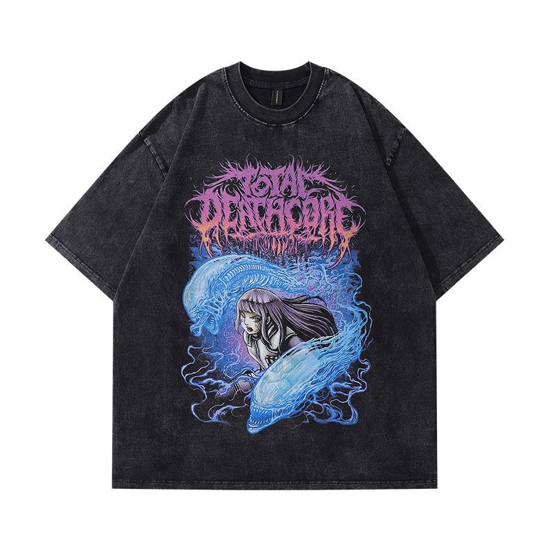 Washed 230G Heavy Japanese Animation Printing Short-Sleeved T-Shirt Men'S And Women'S Hip-Hop Street Half-Sleeved Tee Shirt