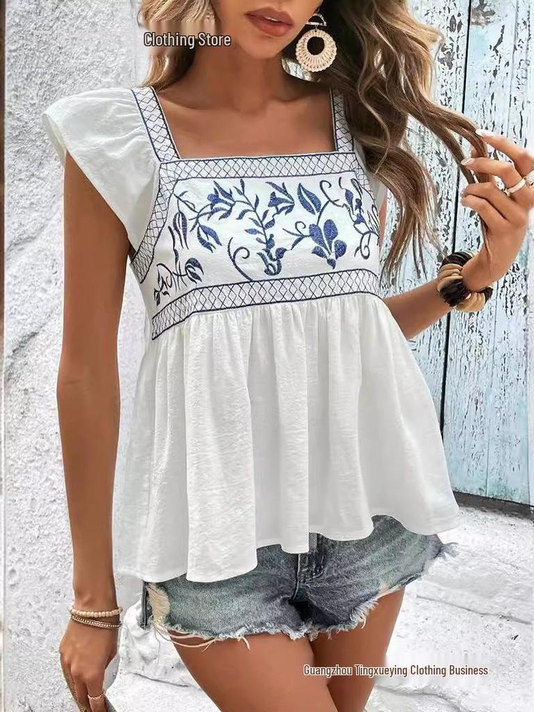 Women's Embroidered Lace-Up Square Neck Ruffle Top with Flutter Sleeves