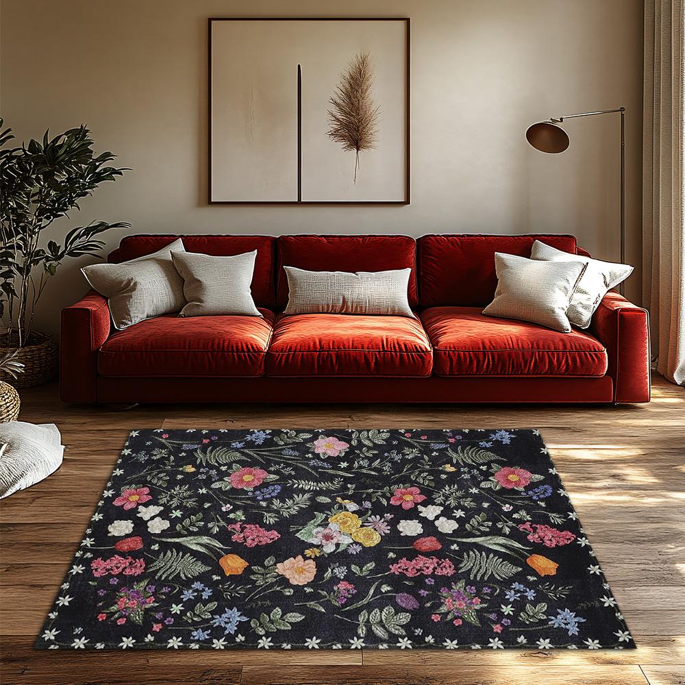 Black Floral Bohemian Rug with White Border, Colorful Pattern Non-Slip Carpet, Cozy Living Room Mat for Home Decor