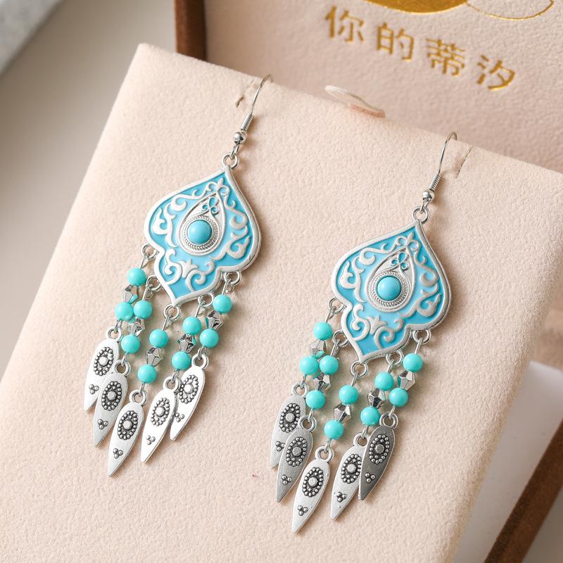 Ethnic Unique Pattern Geometric Charm Earrings for Women Creative Drop Oil Colorful Beads Metal Tassel Hanging Earrings Jewelry