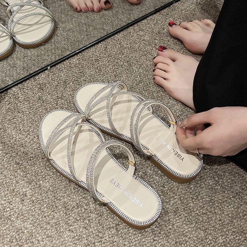 Sandals Female Flat Bottom 2025 Summer New Rhinestone Fairy Ins Wind Outside Wear Slippers Student Soft Bottom Two Wear Sandals
