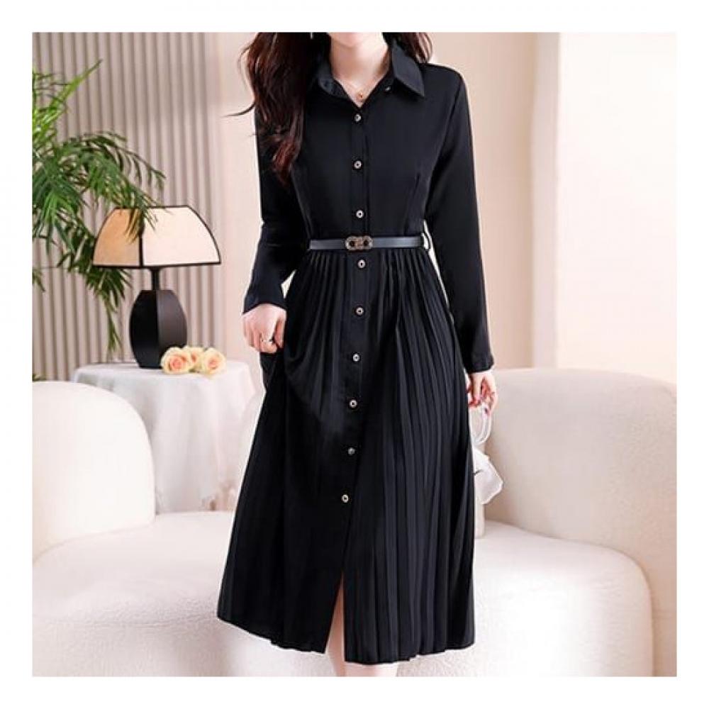 Navava Women No588 Pleats Long Sleeve Shirt Dress