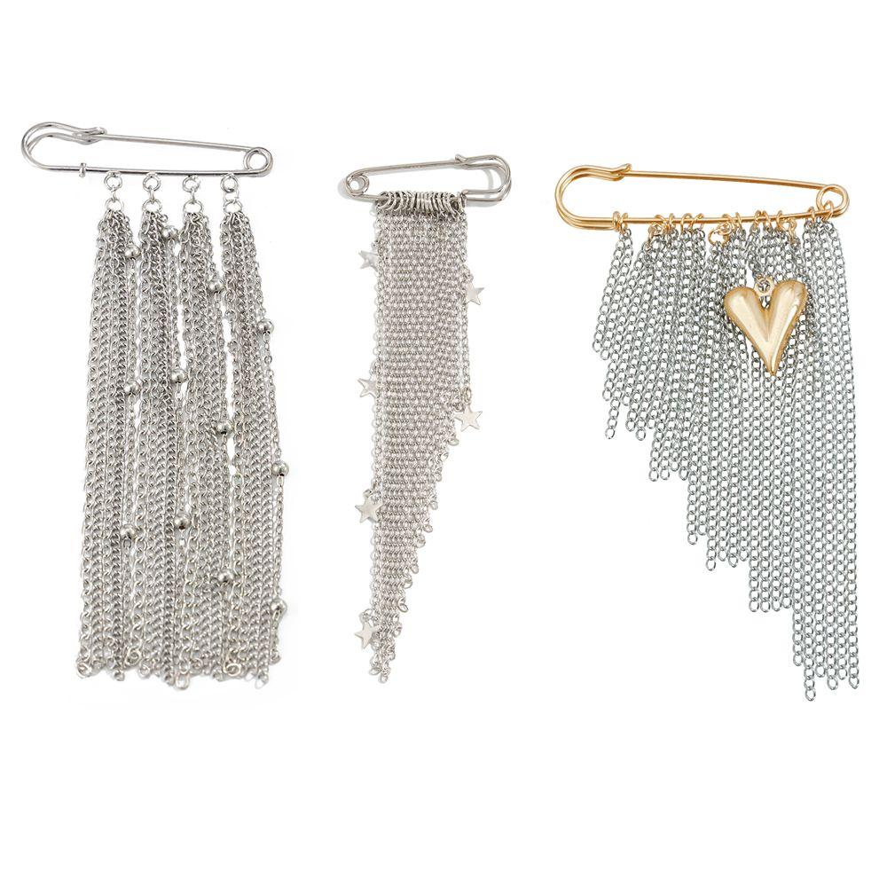 Geometric Love Pendant Pin Irregular Star Tassel Brooches Personality Tassel Chain Brooch  Male