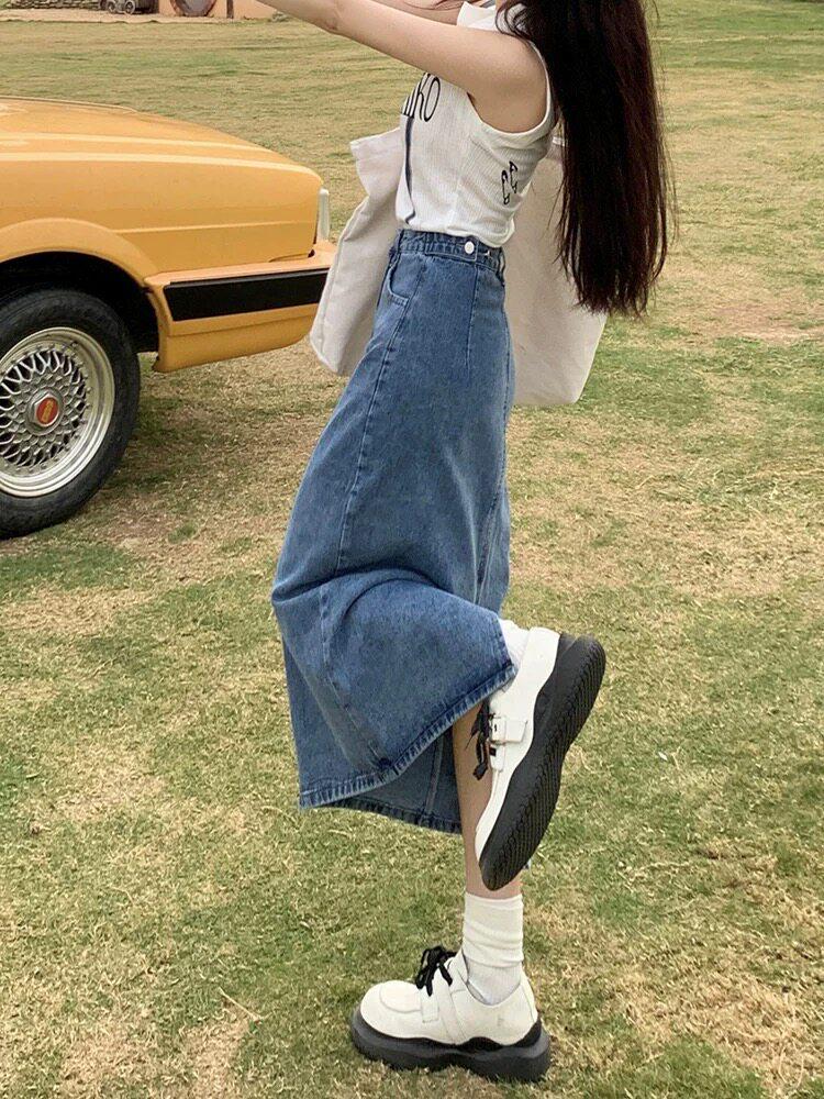 

Plus Size High-Waist Retro Slit Denim Midi Skirt for Women S (90-100 jin) светло-синий