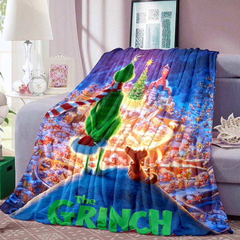 Cute Cartoon "The Grinch" Print Blanket – Warm Winter Flannel Throw; Festive, Unique Sofa & Nap Blanket