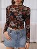 2025 Long Sleeve Mesh Print Crop Top - Sexy See-Through Casual Fashion