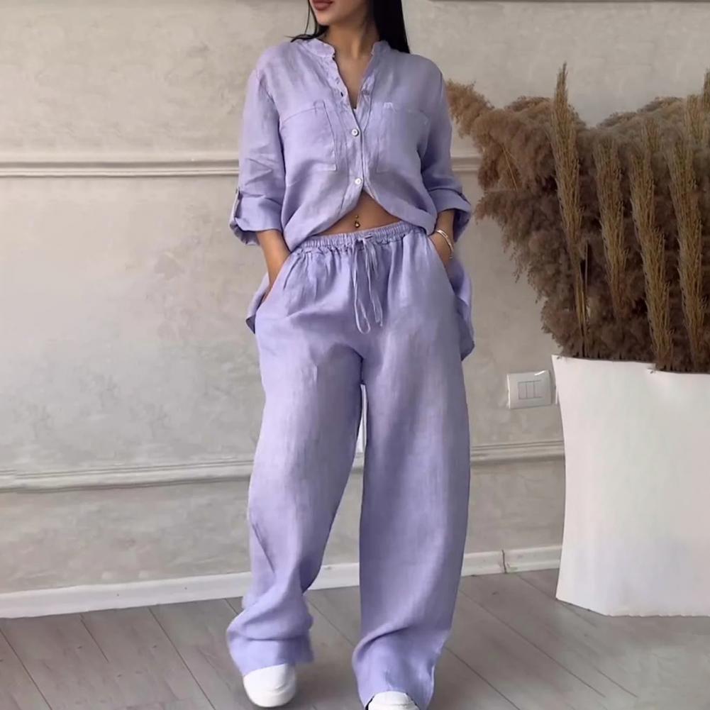 Letní trend Bavlněný a lněný košilový oblek Vysoký pas Volné kalhoty Elegantní dámské sady Dvoudílná sada pro ženy