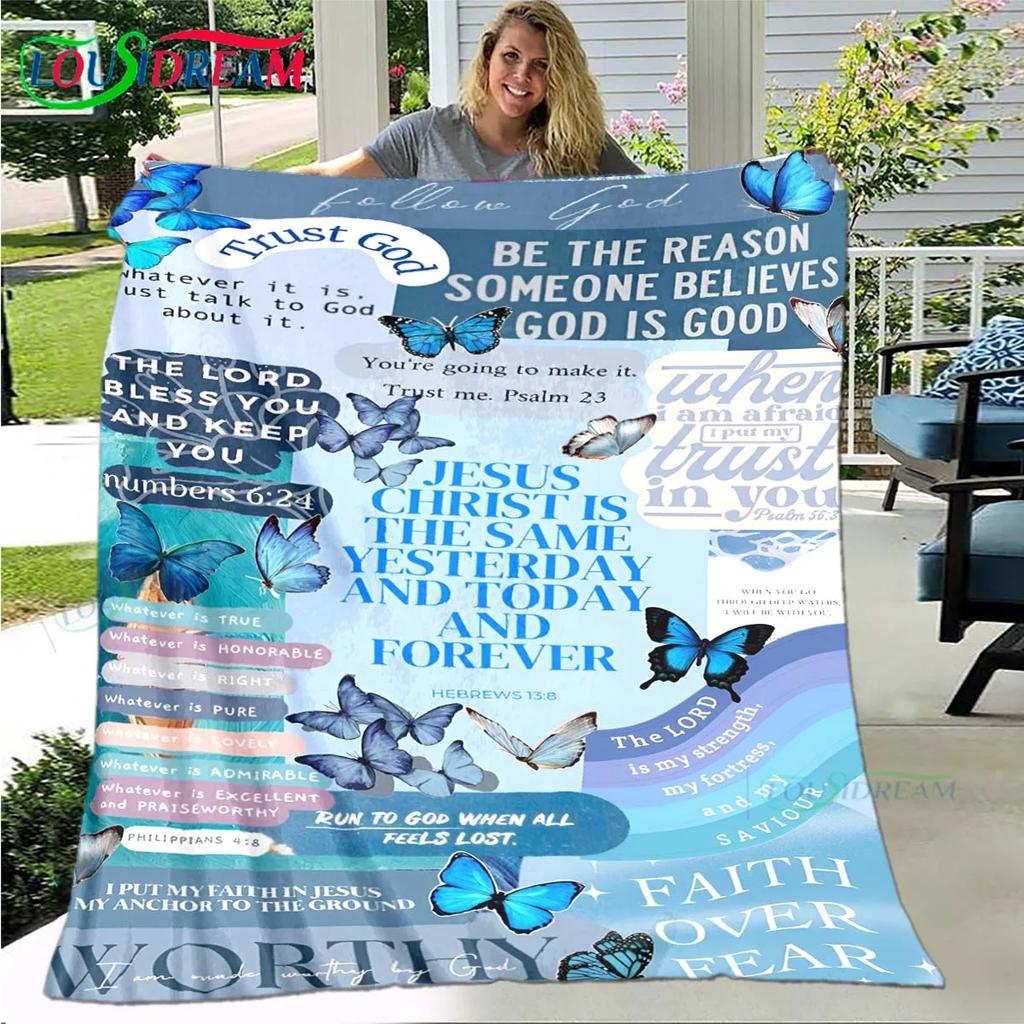 Fashion Bible Verses Jesus Pattern Blanket Flannel Thin Blanket Portable Home Travel Office Lunch Break Blanket Birthday Gift