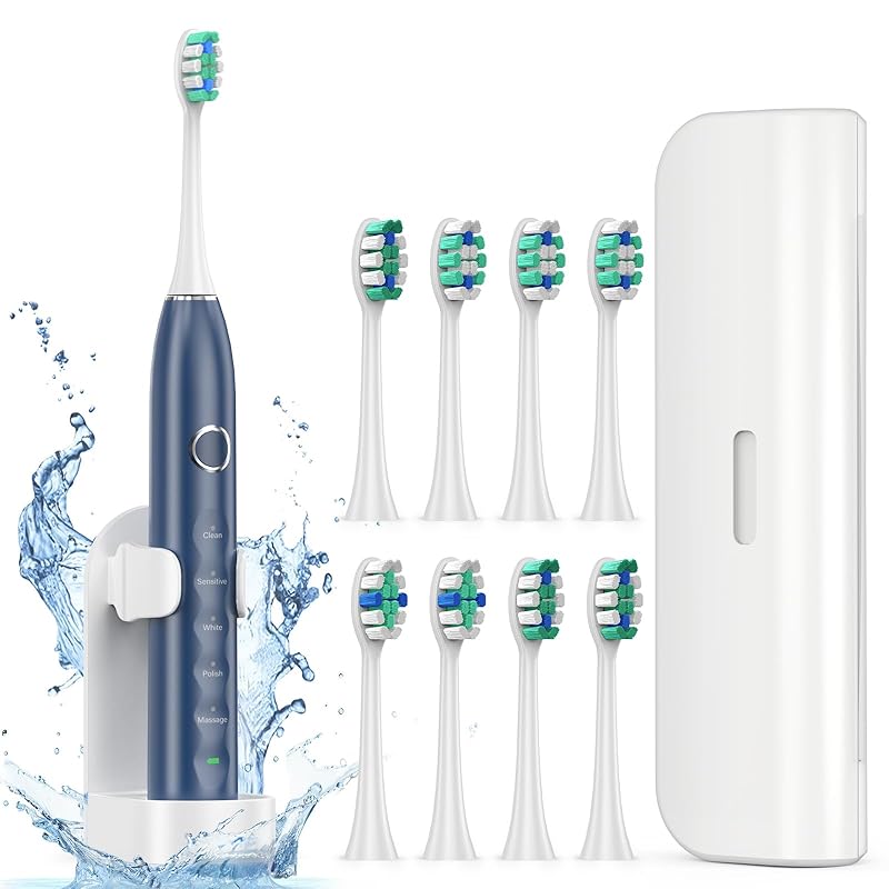 

Electric Toothbrush for Adults with 8 Brush Heads, Sonic Toothbrush Rechargeable with a Holder & Travel Case, 2.5 Hours Charge for 120 Days Use - 1 Count (Pack of 1) синій
