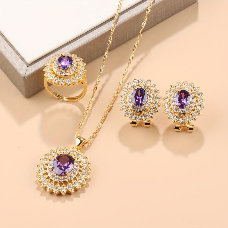 High-Quality Synthetic Zircon Sunflower Series Earrings Necklace Pendant Ring Bridal Wedding Fashion Jewelry Set