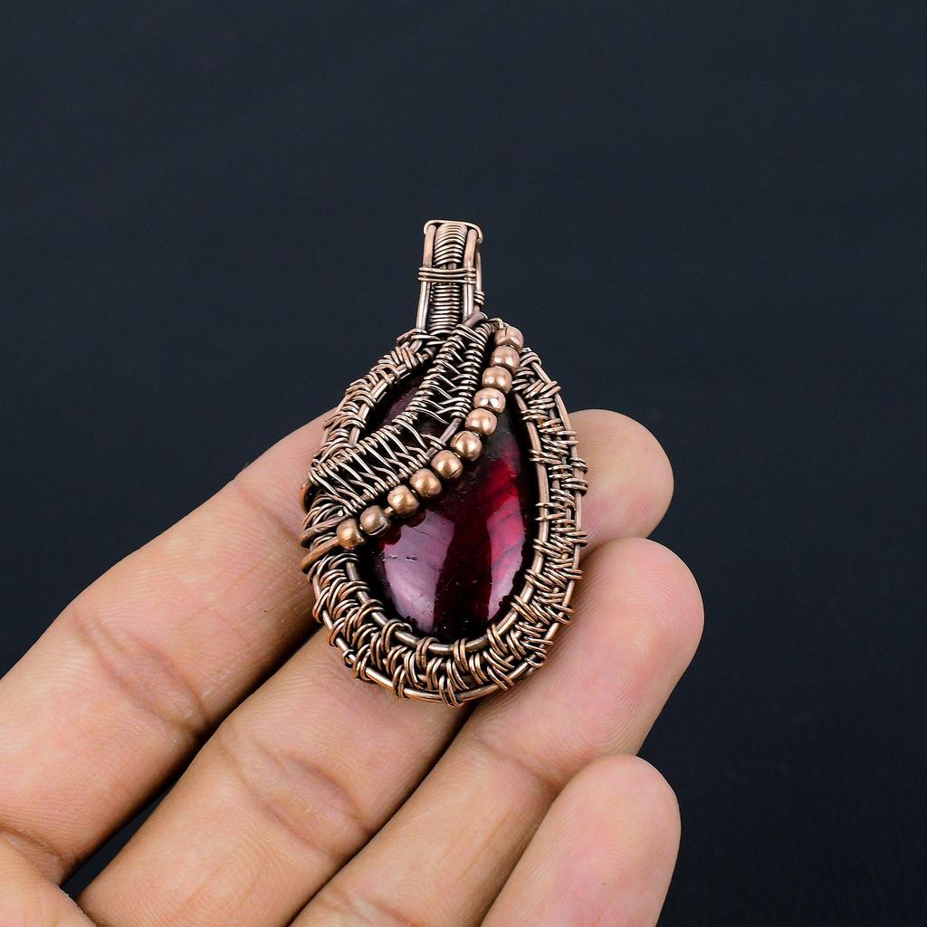 Red Flash Labradorite Pendant, 999 Copper Wire Wrapped Jewelry, Gemstone Jewelry Pendant, Handmade Wedding Gift Jewelry