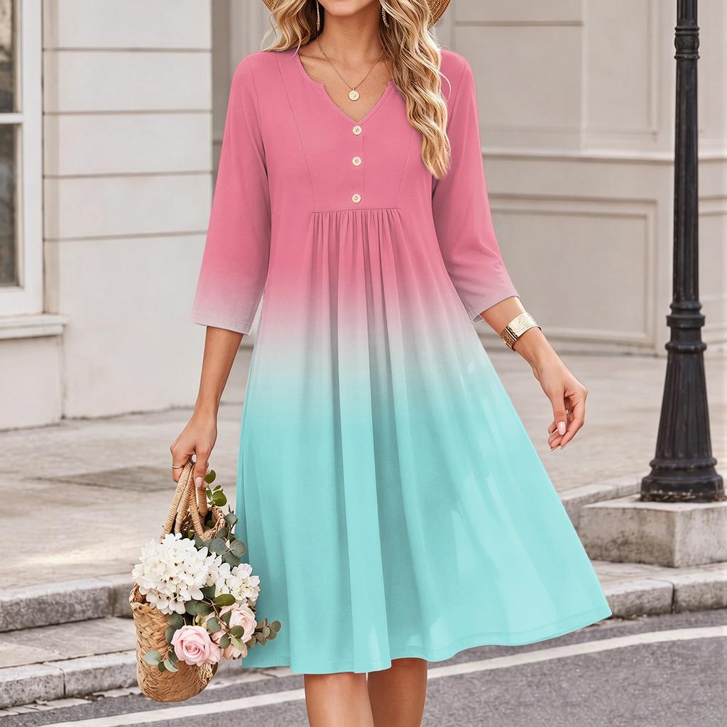 Women's V-Neck Three-Quarter Sleeve Gradient Print Casual Dress for Daily Wear