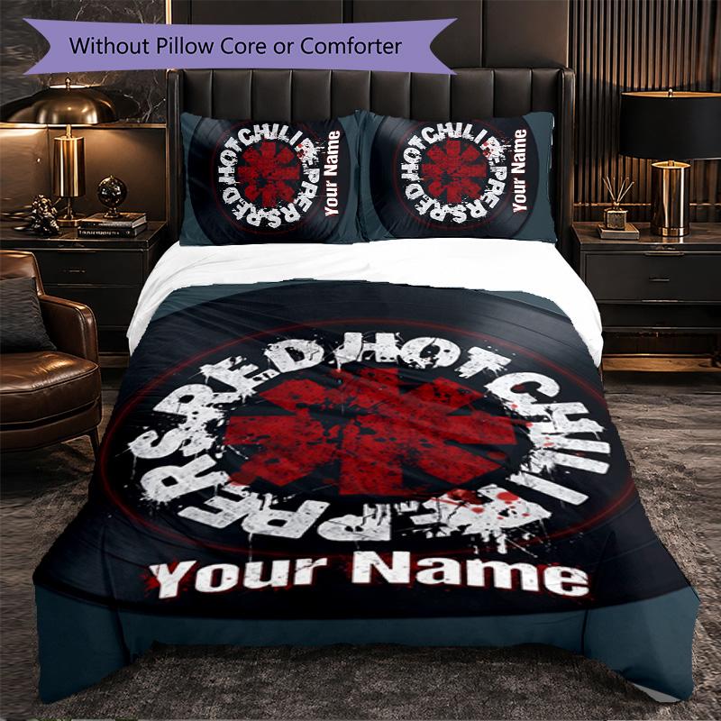 Red Hot Chili Peppers Customized Name Text Bedding Set, 1 Duvet Cover & 2 Pillowcases Personalized Bedroom Gift