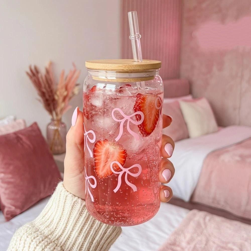 Large Capacity Bow Cup With Lids Milk Tea Cup Cute Clear Straw Cup Student