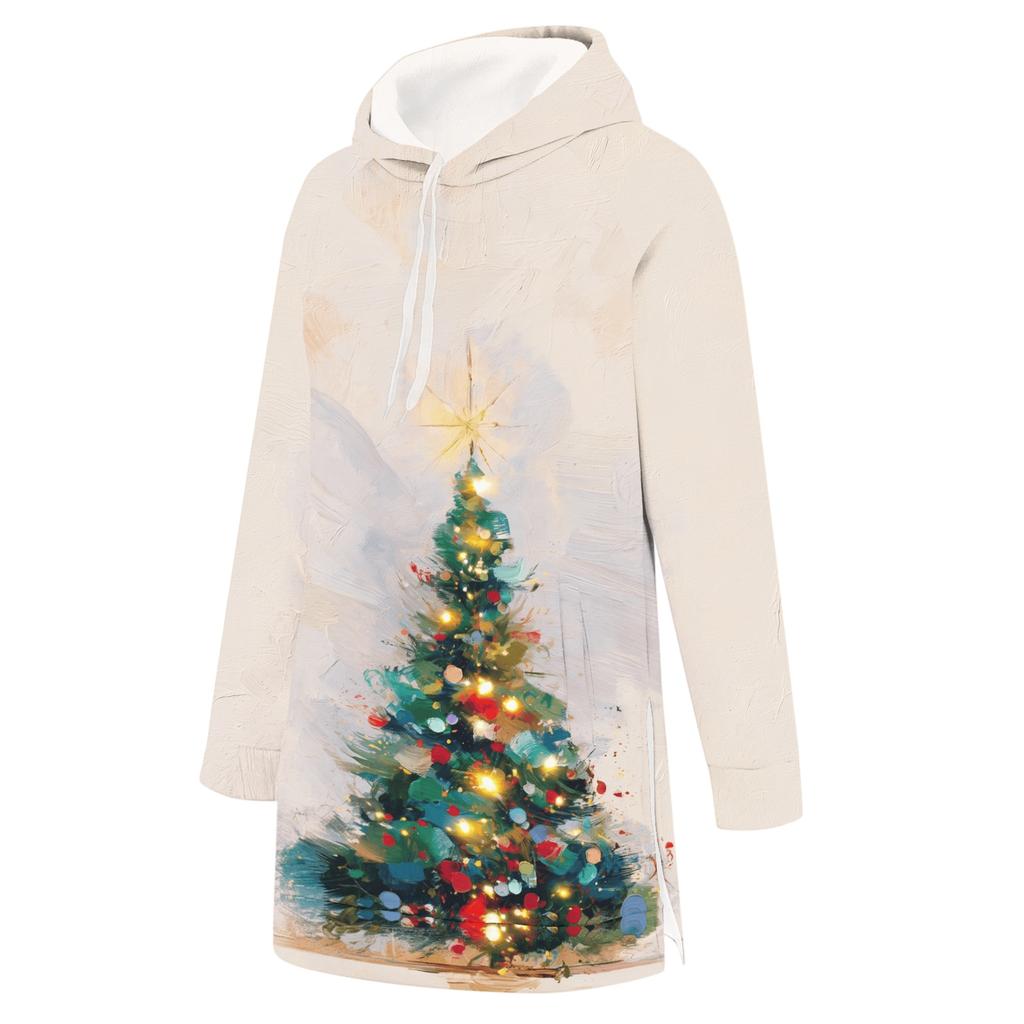 Women's Christmas Print Long Sleeve Hooded Sweatshirt with Festive Holiday Design