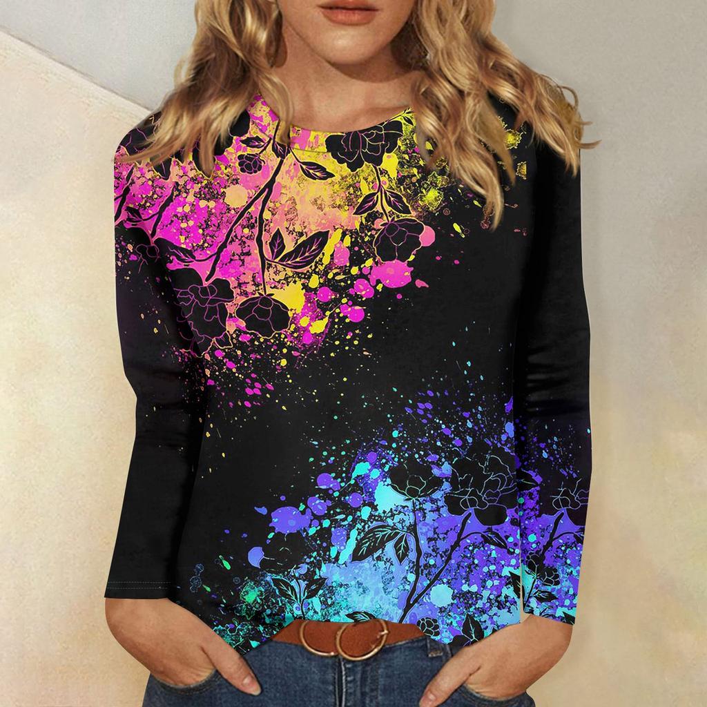 Women s Basic Long-sleeved T-shirt Round Neck Leaf Print Plain Top Everyday Pullover Party Gift Versatile T-shirt S