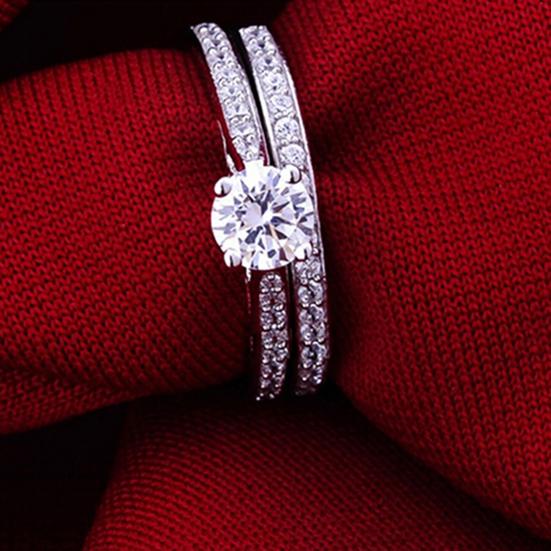 2Pcs/Set Ring Shiny Cubic Zirconia Plated Silver Romantic Couple Finger Ring for Wedding