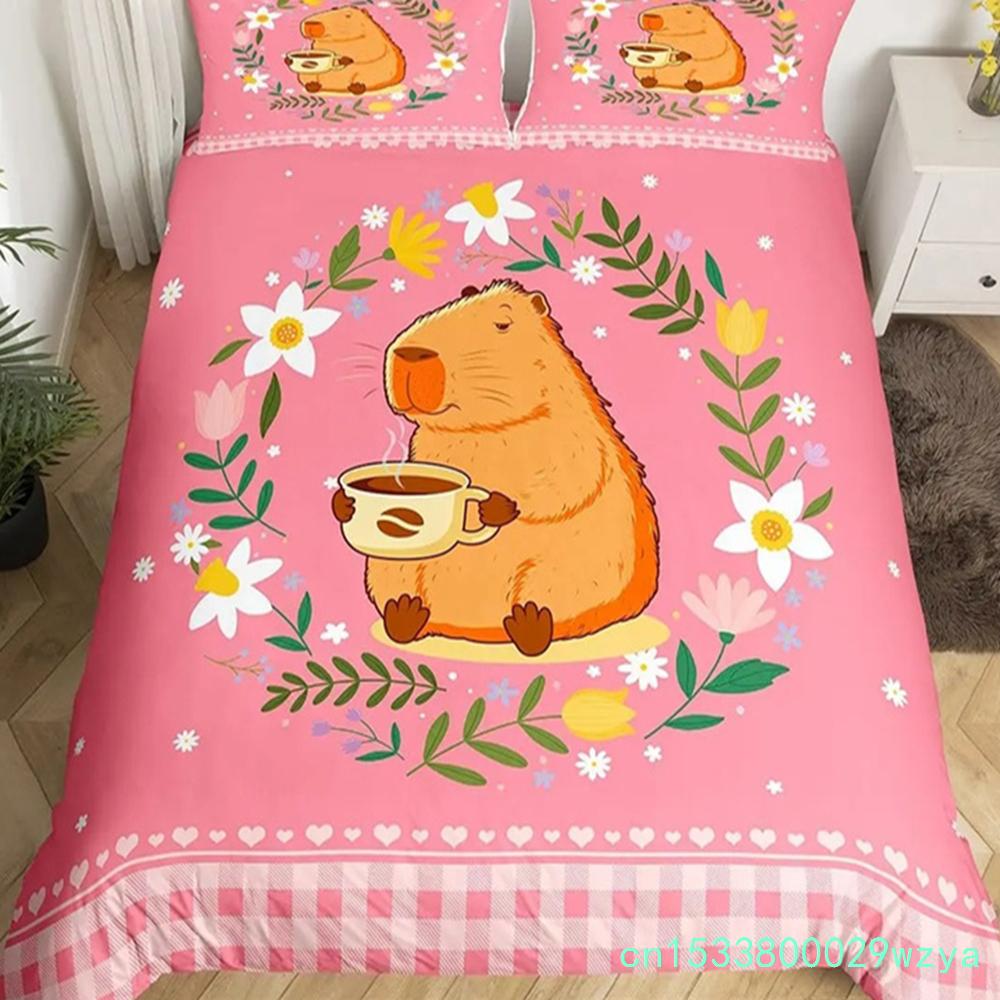 Niedliche Capybara-Druck Bettwäschesets Full Kawaii Honigbiene Bettbezug, Cartoon-Tiere Bettset Roter Liebesherz-Druck Bettbezug