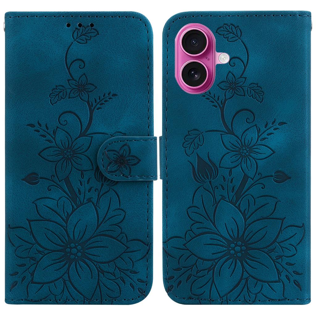 For iPhone 17 Stand Case Lily Flower Imprint Leather Phone Cover with Wrist Strap