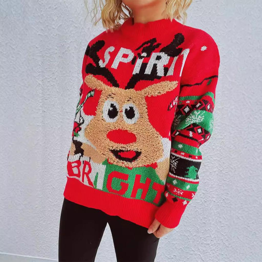 Autumn and winter new Christmas sweater for women wearing loose chic knitted reindeer jacquard top pullover sweater 3531 EMA