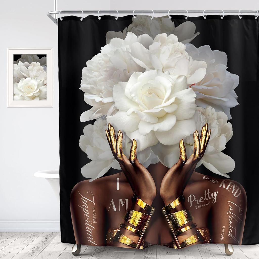 African American Shower Curtain, Black Gold Peony Floral, Modern Girly Quotes, Waterproof Polyester with Hooks