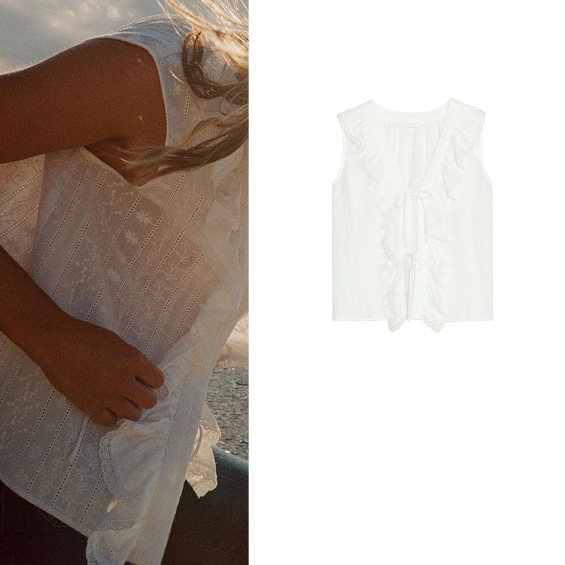 Summer New Product Women's Clothes Minimalist Style V Neck Sleeveless Cotton Laminated Decoration Cut Out Embroider Shirt 2971885