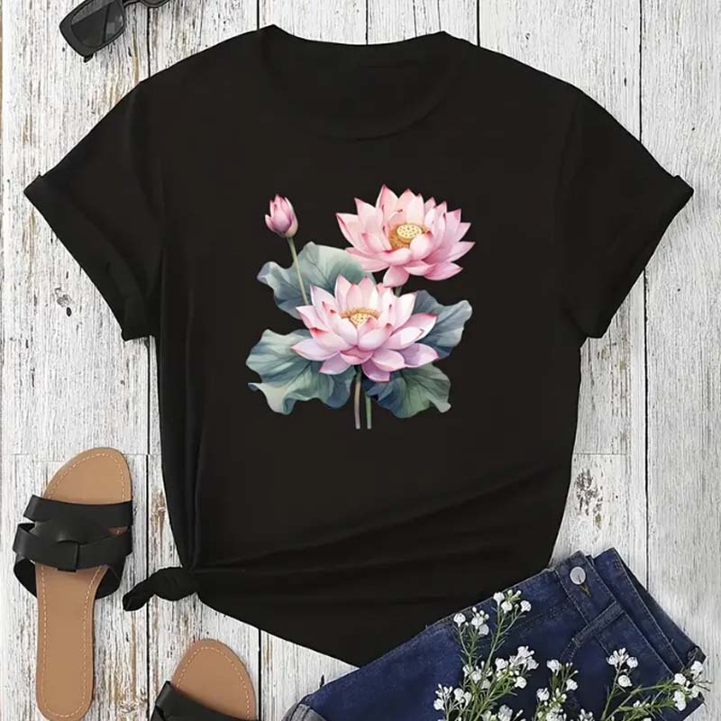 Trendy Lotus Flower Print Women T-shirt Streetwear Short Sleeves Tee Tops Summer Cute Woman Clothes Tops