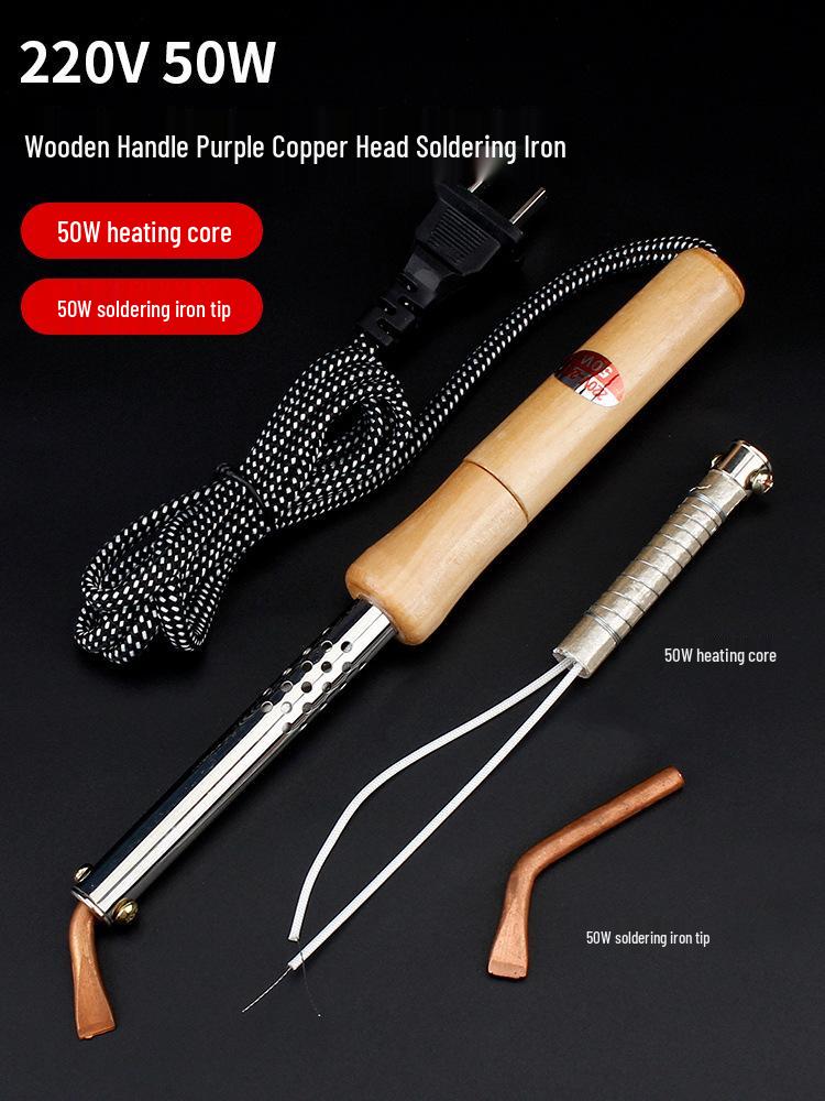 High-Power Electric Soldering Iron Set with Wood Handle - Purple Copper Bent Flat Tip for Household Electronics Repair.