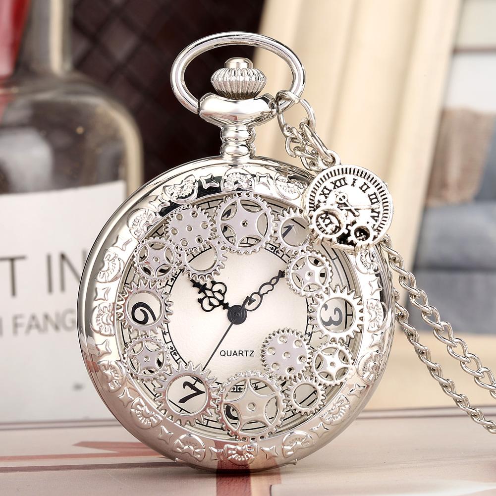 Antique Copper Steampunk Vintage Hollow Bronze Gear Hollow Quartz Pocket Watch Necklace Pendant Clock Chain Men's Women Gift