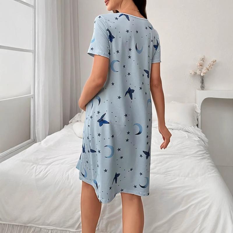 Women S Short Sleeve Cartoon Print Sleep Dress Casual Homewear
