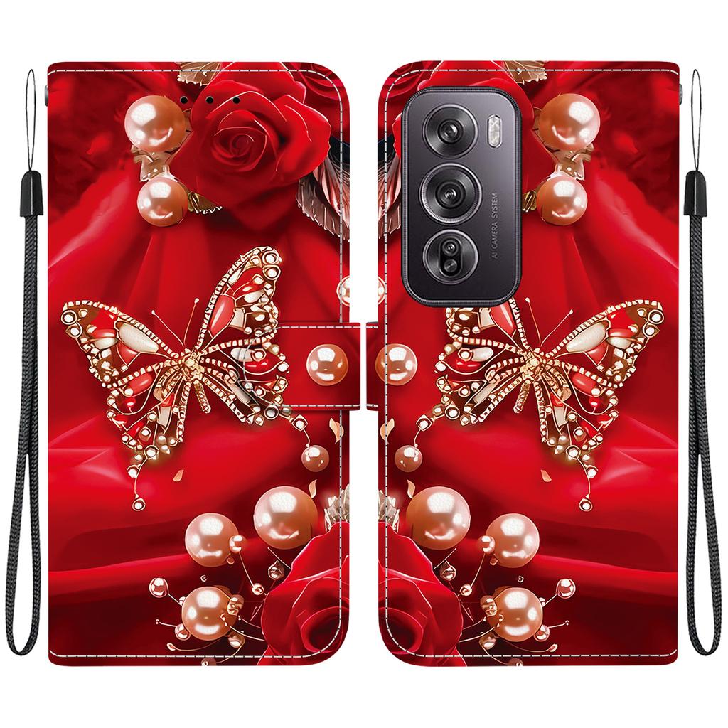 Ručně vyráběné PU kožené flipové pouzdro pro Oppo Reno12/Reno12 Pro Protiskluzový nárazuvzdorný kryt s poutkem na zápěstí a designy srdce/růže/kočky