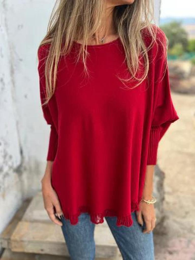 Oversized Long Sleeve Knit Top with Floral Lace Trim for Women - Autumn Winter