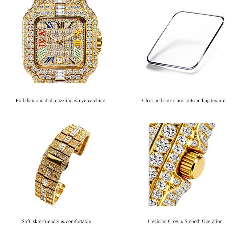 Mens Iced Out Watch Square Full Diamond Quartz Wrist Watch with Luminous Hands Date Waterproof Hip Hop Style