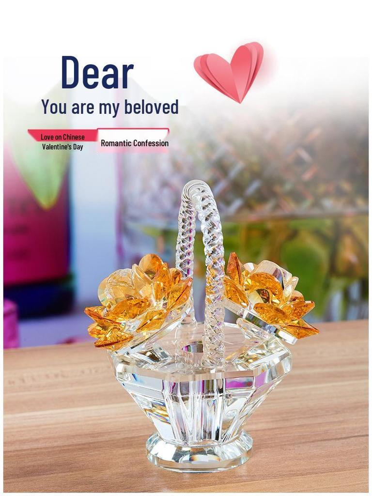 Crystal Flower Basket Ornament for Living Room, Wine Cabinet, Wedding, Teacher's Gift, Mother's Day, Dressing Table, or Car Decoration