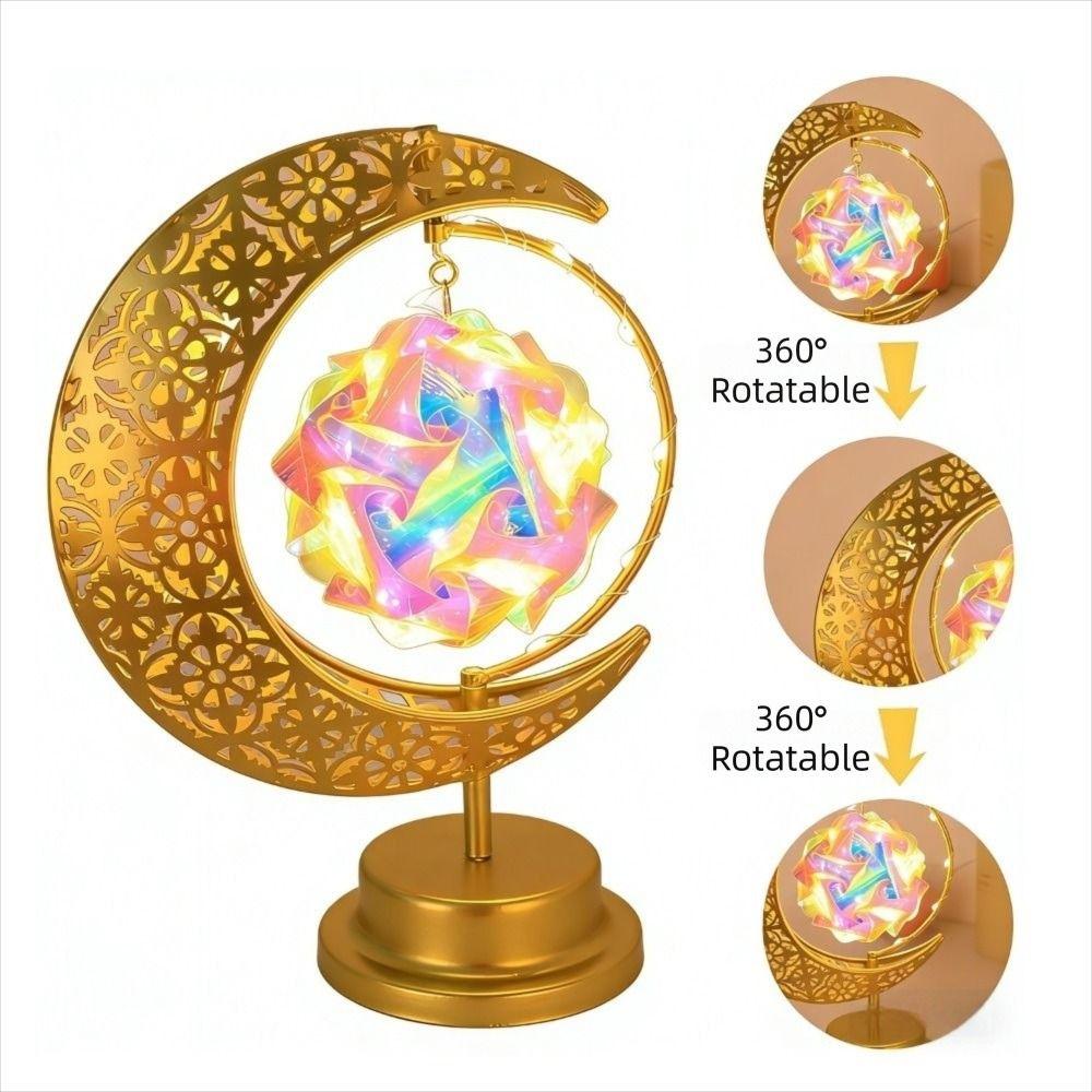 Metal LED Moon Lamp Elegant Rotating Design Ramadan Desk Lamp Crescent Moon Golden Finish Night Light Middle Eastern Party